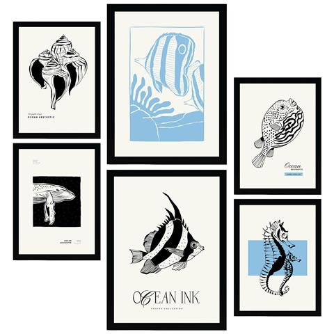 Set Di 6 Stampe Stampe Artistiche Con Motivi Marini A Inchiostro Nero Raffiguranti Mare E Oceano Per L'interior Design A3 & A4 Cornice Nera - Foto 1