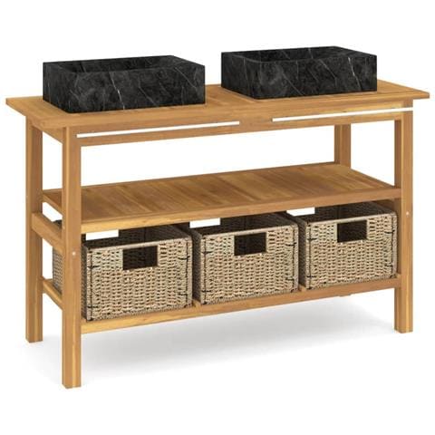 Mobile Vanità Bagno e Lavandini Marmo Nero Legno Massello Teak - Foto 1
