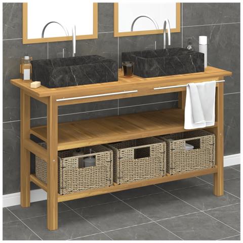 Mobile Vanità Bagno e Lavandini Marmo Nero Legno Massello Teak - Foto 2