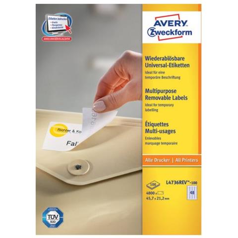 L4736REV-100 etichetta autoadesiva Rettangolo con angoli arrotondati Rimovibile Bianco 4800 pz - Foto 1