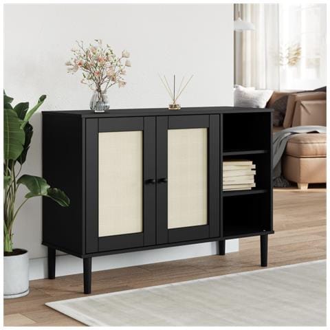 Credenza Senja Aspetto Rattan Nero 112x40x80 Cm Massello Pino - Foto 6