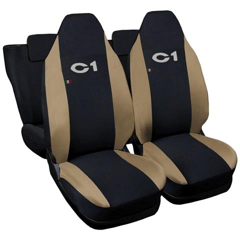 Coprisedili Auto Compatibili Per C1, Made In Italy, Set Di Copri Sedili Anteriori E Posteriori Con Copri Poggiatesta Incluso, Tessuto Poliestere, Colore - Nero \beige - Foto 1