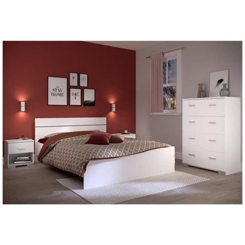Cameretta Completa Boston: Letto Adulto 140 X 190 + Cassettiera + 2 Comodini - Bianco - Foto 1