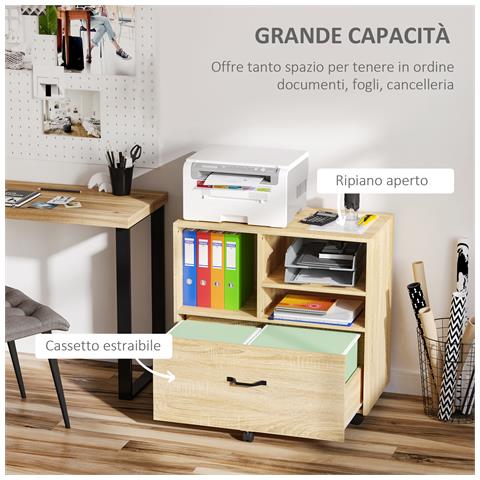 Mobile Multiuso Per Ufficio Porta Stampante Con 5 Ruote E Ripiano Regolabile, 77x40x73cm - Legno - Foto 6