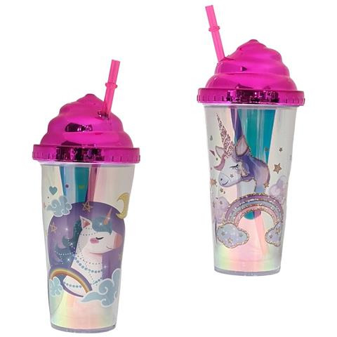 Tazza Bicchiere In Plastica Con Canuccia Da 380ml Bambina Unicorno Acqua Rosa - Foto 1