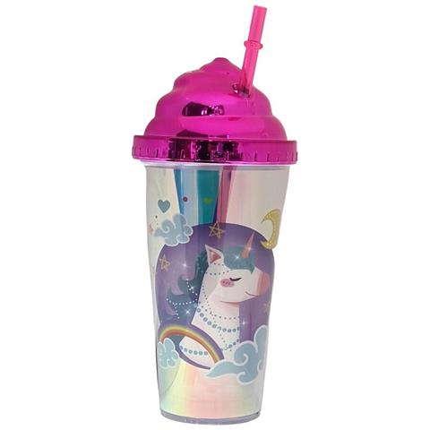 Tazza Bicchiere In Plastica Con Canuccia Da 380ml Bambina Unicorno Acqua Rosa - Foto 2