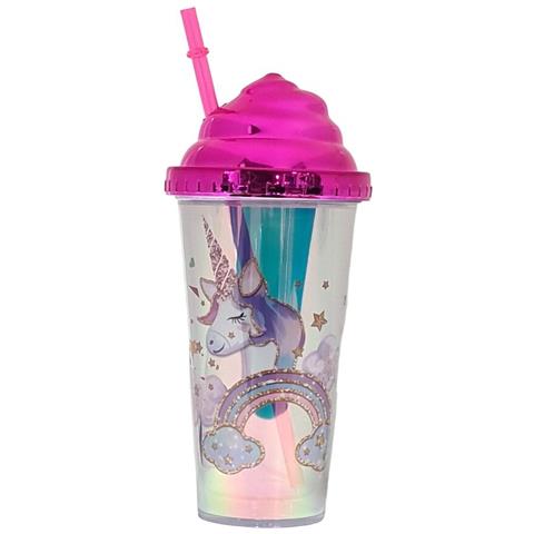 Tazza Bicchiere In Plastica Con Canuccia Da 380ml Bambina Unicorno Acqua Rosa - Foto 3