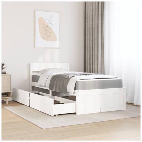 Letto Cassetti E Materasso Bianco 90x200 Cm Legno Massello Pino - Foto 3