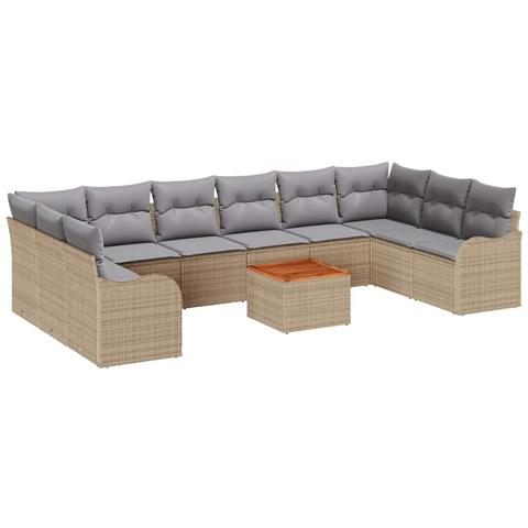 Set di divani da giardino da 11 pezzi con cuscini beige in polyrattan e acacia, Divano da giardino da 2 posti con cuscini beige in polyrattan - Foto 1