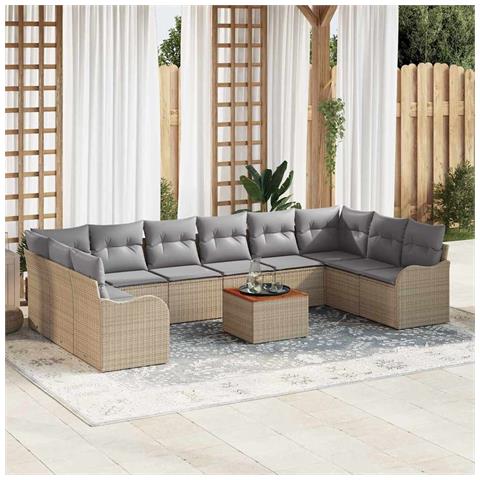 Set di divani da giardino da 11 pezzi con cuscini beige in polyrattan e acacia, Divano da giardino da 2 posti con cuscini beige in polyrattan - Foto 2