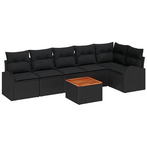 Set Divano da Giardino con Cuscini da 7 Pezzi in Rattan Sintetico Nero Acacia, Divano da Giardino per 2 Persone con Storage e Cuscini in Rattan Sintetico Nero - Foto 1