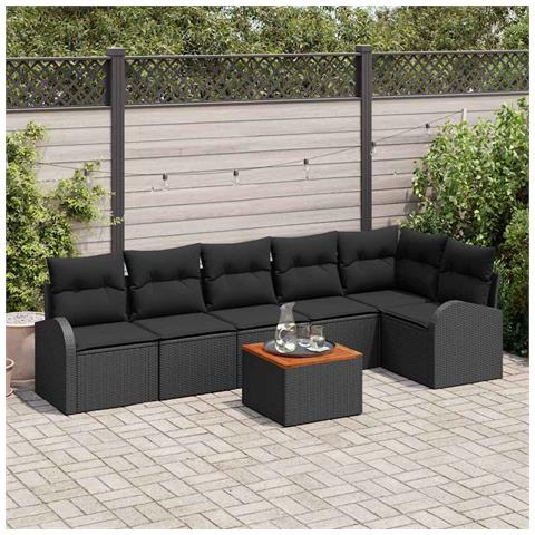 Set Divano da Giardino con Cuscini da 7 Pezzi in Rattan Sintetico Nero Acacia, Divano da Giardino per 2 Persone con Storage e Cuscini in Rattan Sintetico Nero - Foto 2