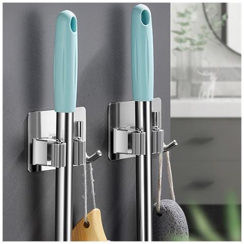 Supporto Per Mocio In Acciaio Inossidabile Con Ganci (confezione Da 2) - Porta Scopa Da Parete Per Bagno, Cucina E Altro Grey - Foto 7