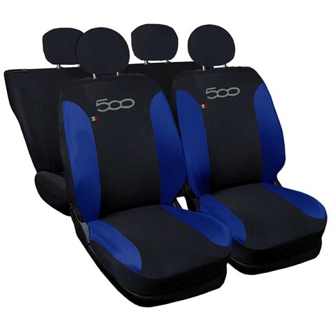Coprisedili Auto Compatibili Per 500, Made In Italy, Set Di Copri Sedili Anteriori E Posteriori (unico Colore) Con Copri Poggiatesta Incluso, Tessuto Poliestere, Colore - Nero \blu Royal - Foto 1