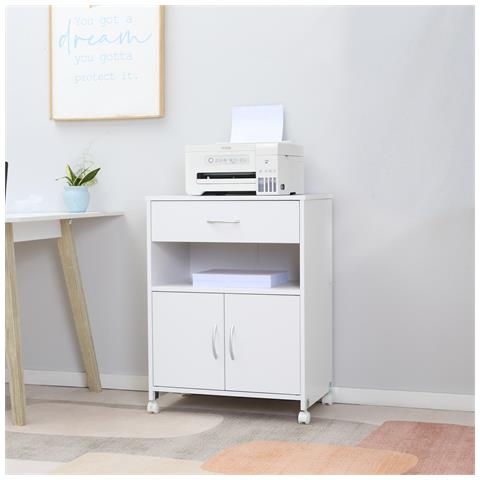 Mobile Porta Stampante Con 4 Ruote, Cassetto E Armadietto, 60x39x80cm - Bianco - Foto 2