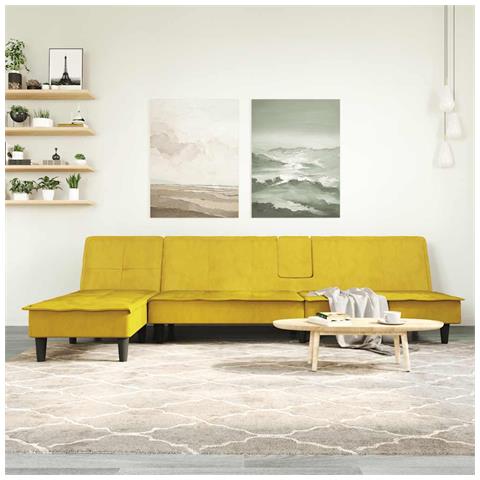 Divano Letto a L Giallo 255x140x70 cm in Velluto - Foto 2