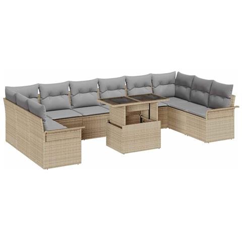 Set di Divani da Giardino da 11 Pezzi con Cuscini Beige in Rattan Polietilene, Divano da Giardino a Due Posti con Ripostiglio e Cuscini Beige in Rattan Polietilene - Foto 1