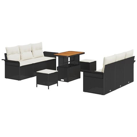 Set Divano da Giardino  9 Pezzi con Cuscini Rattan Nero Acacia, Divano da Giardino  2 Posti con Cuscini Rattan Nero, Set da Pranzo da Giardino  3 Pezzi con Cuscini Rattan Nero Acacia - Foto 1