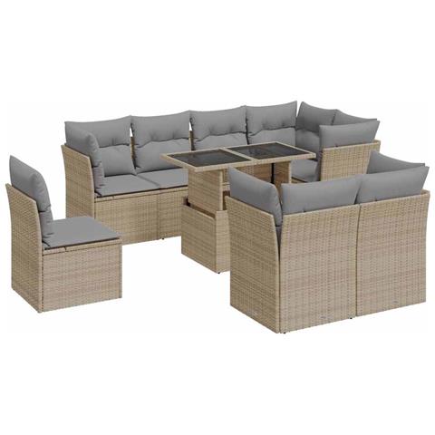 Set Divano da Giardino 9 pz con Cuscini Beige in Polyrattan - Foto 1