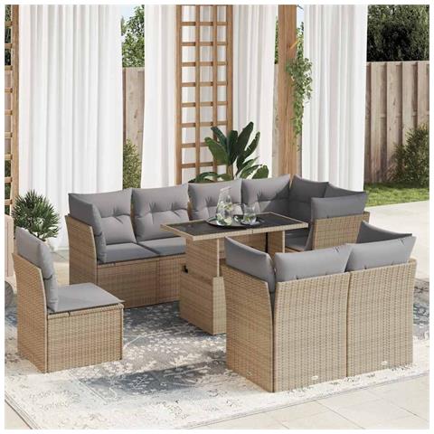 Set Divano da Giardino 9 pz con Cuscini Beige in Polyrattan - Foto 2