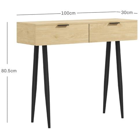 Consolle da Ingresso in Stile Nordico con 2 Cassetti in Legno e Acciaio, 100x30x80.5 cm, Rovere - Foto 2