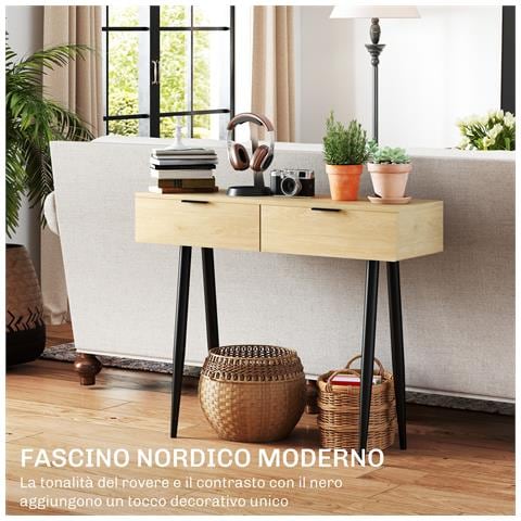 Consolle da Ingresso in Stile Nordico con 2 Cassetti in Legno e Acciaio, 100x30x80.5 cm, Rovere - Foto 6