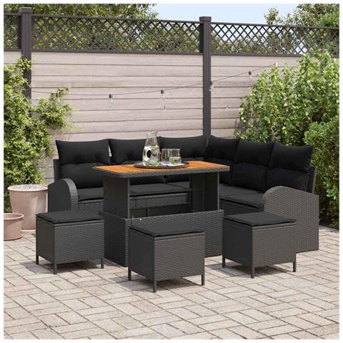 Set Divano da Giardino  9 Pezzi con Cuscini Rattan Nero Acacia, Divano da Giardino  2 Posti con Cuscini Rattan Nero, Set da Pranzo da Giardino  4 Pezzi con Cuscini Rattan Nero Acacia - Foto 2