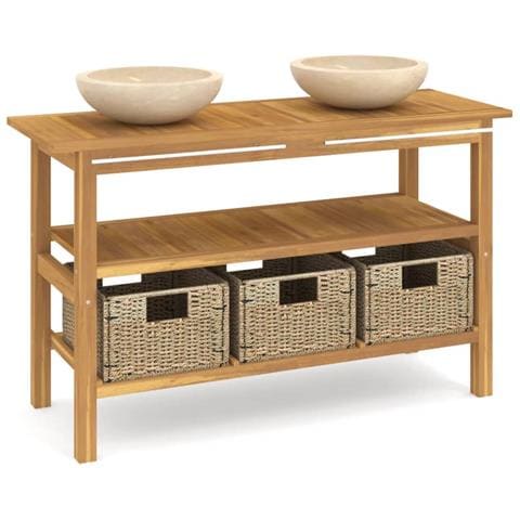 Mobile Vanità Bagno e Lavandini Marmo Crema Legno Massello Teak - Foto 1