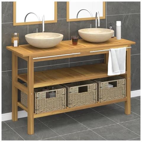 Mobile Vanità Bagno e Lavandini Marmo Crema Legno Massello Teak - Foto 2