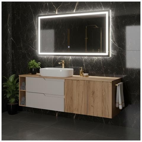 Mobile sottolavabo, Bianco e nero, 160 cm, Con piano d'appoggio, 2 cassetti, MDF, 2 ante, Ripiano integrato, MODERNO - Foto 2
