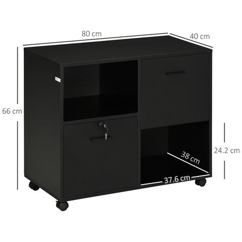 Mobile Da Ufficio Con 2 Cassetti Porta Documenti E Ripiani, Ruote Con Blocco, 80x40x66cm, Nero - Foto 6