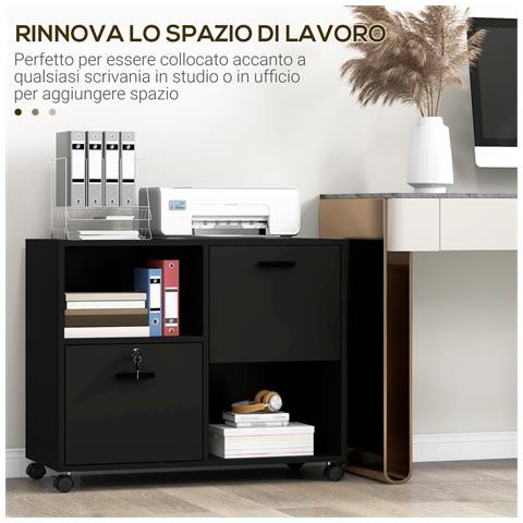 Mobile Da Ufficio Con 2 Cassetti Porta Documenti E Ripiani, Ruote Con Blocco, 80x40x66cm, Nero - Foto 2