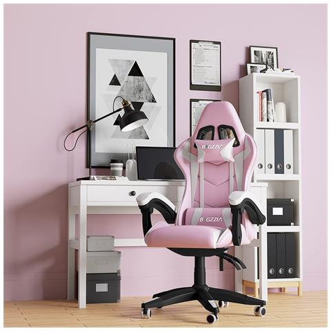 Game Chair - Sedia Da Ufficio Girevole Regolabile Del Gioco Da Corsa - Con Cuscino E Schienale Reclinabile Rosa E Bianco - Foto 1