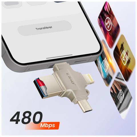 Lettore Schede Micro-sd Otg Prese Usb-c, Micro-usb, Lightning E Usb, Beige - Foto 2