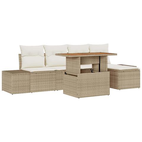Set da Pranzo da Giardino a 6 Pezzi con Cuscini Beige Polyrattan Acacia - Foto 1