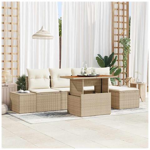 Set da Pranzo da Giardino a 6 Pezzi con Cuscini Beige Polyrattan Acacia - Foto 2