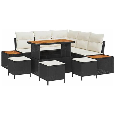 Set Divano da Giardino con Cuscini da 9 Pezzi Nero Polyrattan Acacia, Set da Pranzo da Giardino da 4 Pezzi con Cuscini Nero Polyrattan Acacia - Foto 1