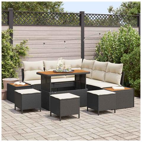 Set Divano da Giardino con Cuscini da 9 Pezzi Nero Polyrattan Acacia, Set da Pranzo da Giardino da 4 Pezzi con Cuscini Nero Polyrattan Acacia - Foto 2