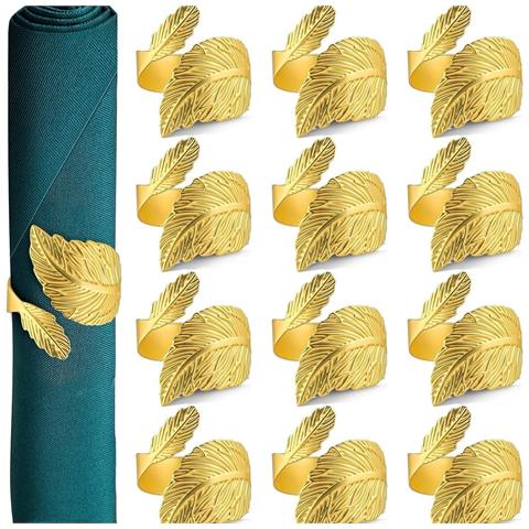 Set Di 12 Anelli Portatovaglioli Foglia Oro - Eleganti Supporti In Metallo Per San Valentino, Feste E Decorazioni Tavola - Foto 1
