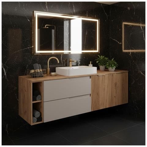 Mobile sottolavabo, Bianco, 160 cm, Con piano d'appoggio, 2 cassetti, MDF, Con 2 ante, Ripiano integrato, MODERNO - Foto 5