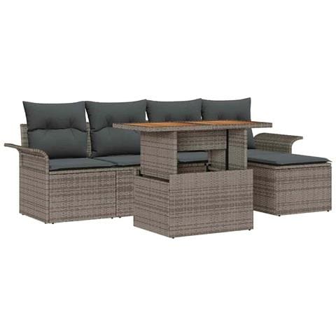 Set da pranzo da giardino a 6 pezzi con cuscini grigi in polyrattan e acacia - Foto 1