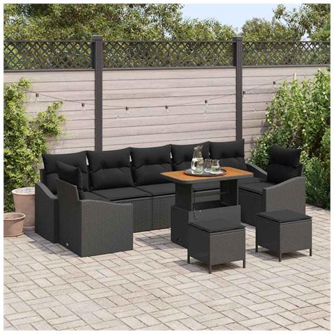 Set di Divani da Giardino a 10 Pezzi con Cuscini Nero in Rattan Poliolefine e Acacia, Divano da Giardino a 2 Posti con Cuscini Nero in Rattan Poliolefine, Set di Dining da Giardino a 3 Pezzi con Cuscini Nero in Rattan Poliolefine e Acacia - Foto 2