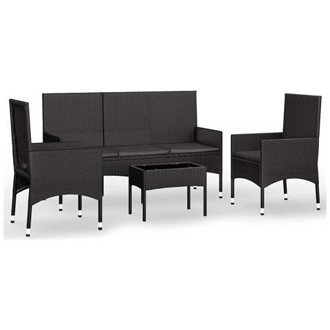 Set Divani da Giardino 4 pz con Cuscini Nero in Polyrattan - Foto 1