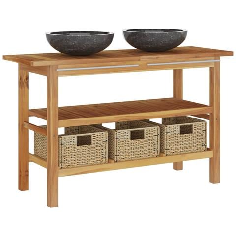 Mobile da Bagno con Lavabi in Marmo Nero Legno Massello Teak - Foto 1