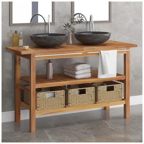 Mobile da Bagno con Lavabi in Marmo Nero Legno Massello Teak - Foto 2