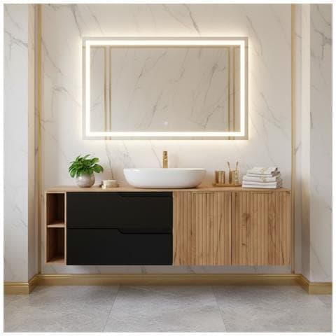 Mobile sottolavabo, Bianco e nero, 140 cm, Con piano d'appoggio, 2 cassetti, MDF, 2 ante, Ripiano integrato, MODERNO - Foto 2