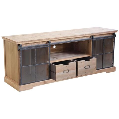 Mobile Credenza Madia In Acciaio E Legno Con 2 Ante Laterali Scorrevoli In Vetro 2 Cassetti E 1 Ripiano Centrale Linea Industrial - Foto 2