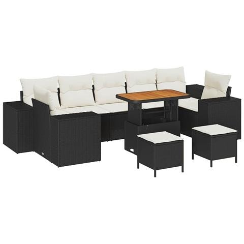 Set di Divani da Giardino a 10 Pezzi con Cuscini Nero Rattan Polietilene, Set da Pranzo da Giardino a 3 Pezzi con Cuscini Nero Rattan Polietilene - Foto 1