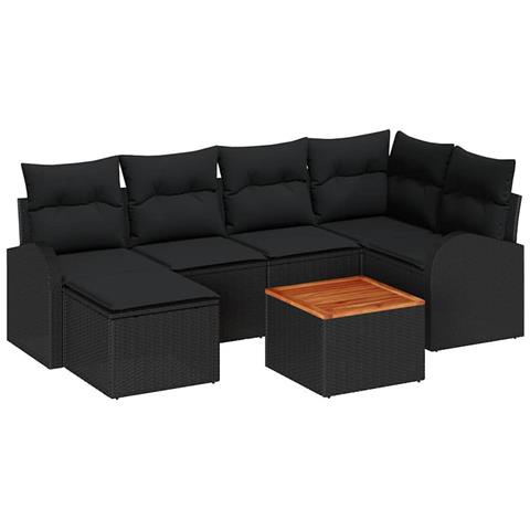 Set Divano da Giardino 7 Pezzi con Cuscini Nero Polyrattan Acacia - Foto 1