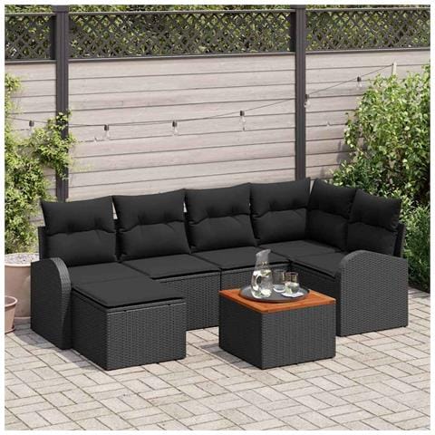 Set Divano da Giardino 7 Pezzi con Cuscini Nero Polyrattan Acacia - Foto 2